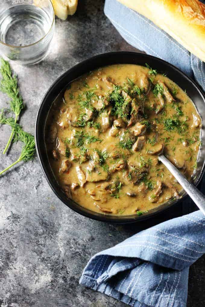 Beef Stroganoff in a bowl with a spoon