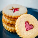 Linzer Cookies on blue plate