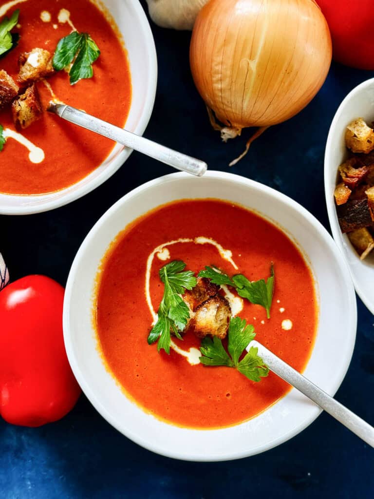 Oven Roasted Tomato Soup in a bowl with spoon