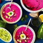Overhead of 2 bowls of cold borscht