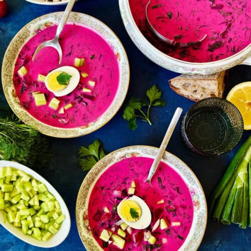 Overhead of 2 bowls of cold borscht