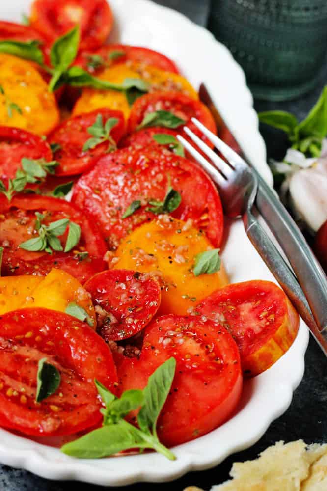 Closeup of this heirloom tomato salad recipe