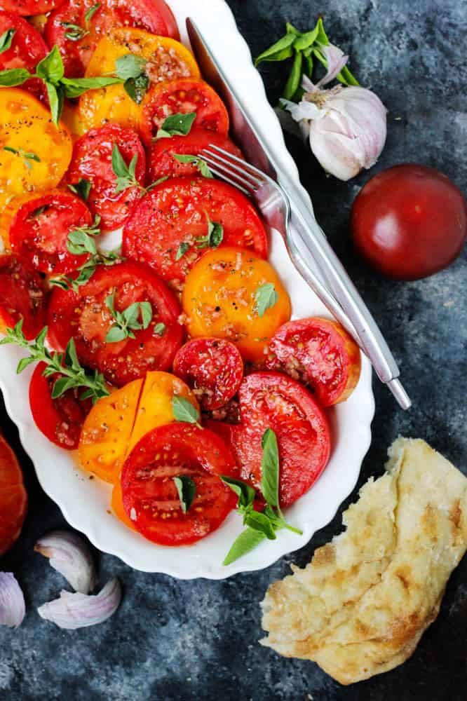 Overhead view of tomato garlic salad
