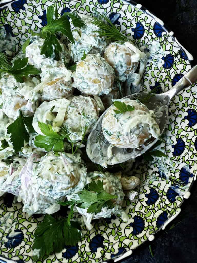 Code up of potato salad with new potatoes