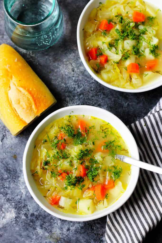 Overhead view kapusniak, easy cabbage soup recipe