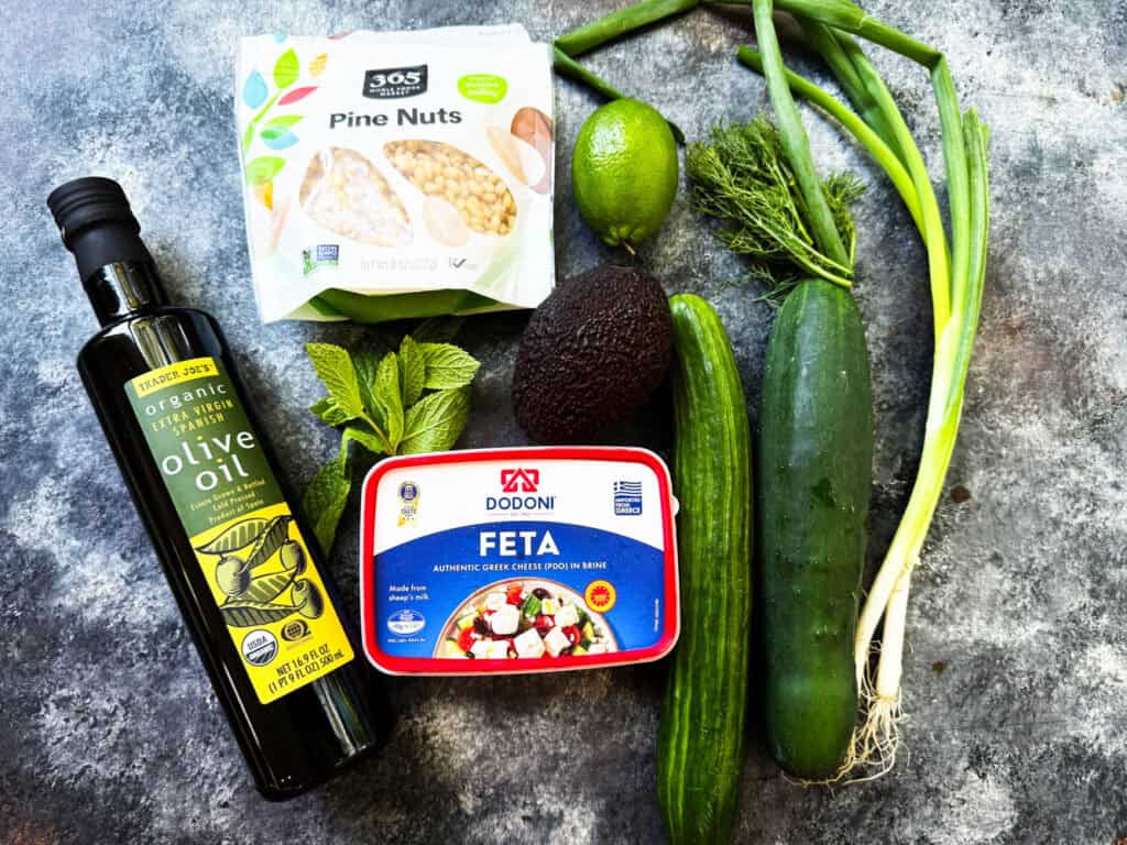 Ingredients for cucumber and feta salad