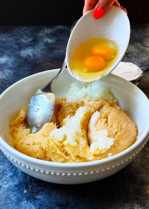 Eggs are added to the potato mixture