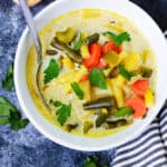 Top down view of a bowl of string bean soup