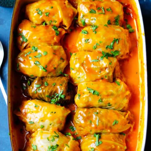 Polish cabbage rolls in a baking dish