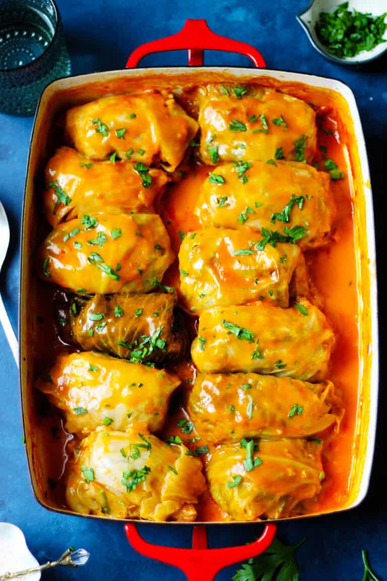 Polish cabbage rolls in a baking dish