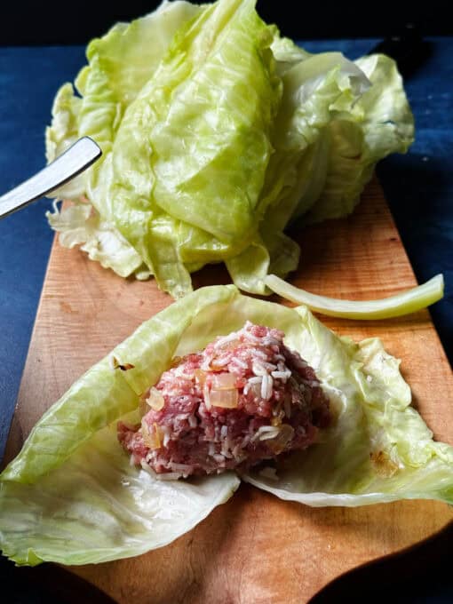 Filling is placed in a cabbage leaf