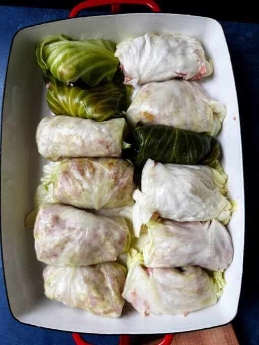 Overhead view of Polish cabbage rolls in a baking dish
