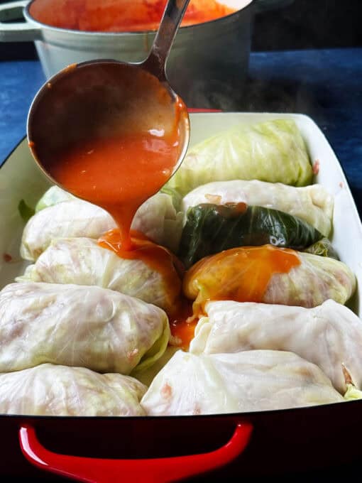 Sauce poured over the cabbage rolls