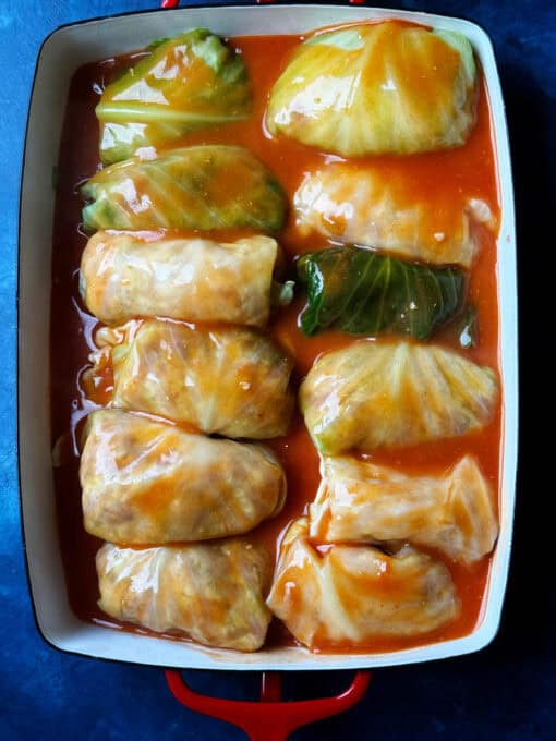 Baking dish with Polish cabbage rolls in sauce