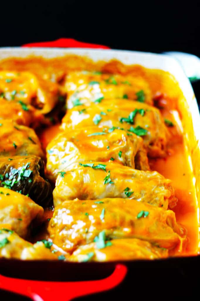 Cabbage rolls Polish-style in a baking dish