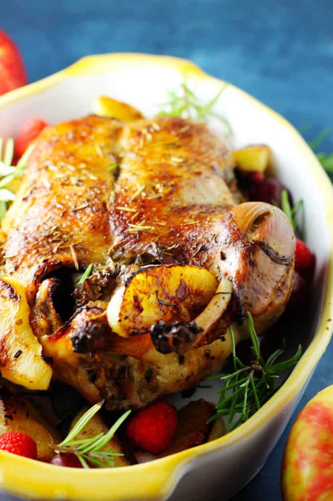 Close up of roast duck stuffed with apples