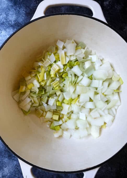 Onions and leeks in a Dutch oven