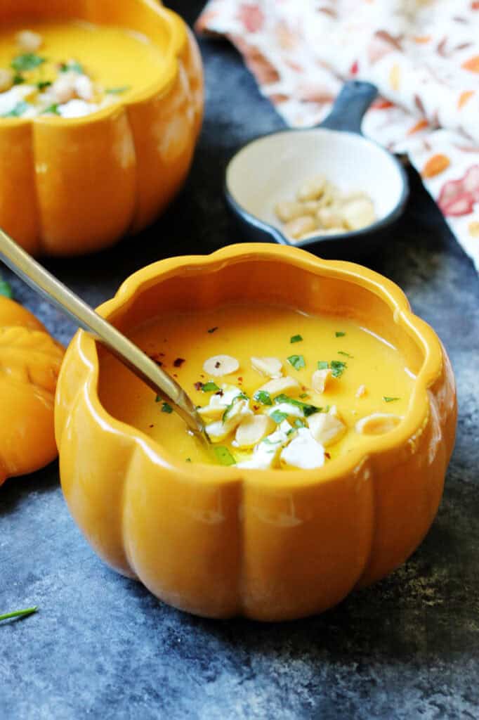 Closeup of a bowl of simple roasted butternut squash soup