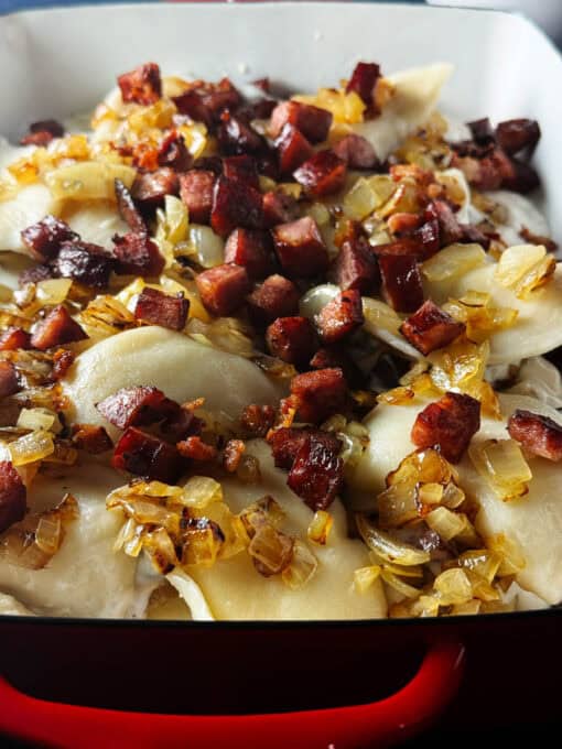 Extra layer of onion and kielbasa is added