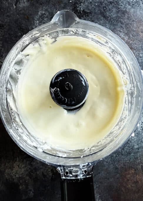 Blended feta dip in a food processor